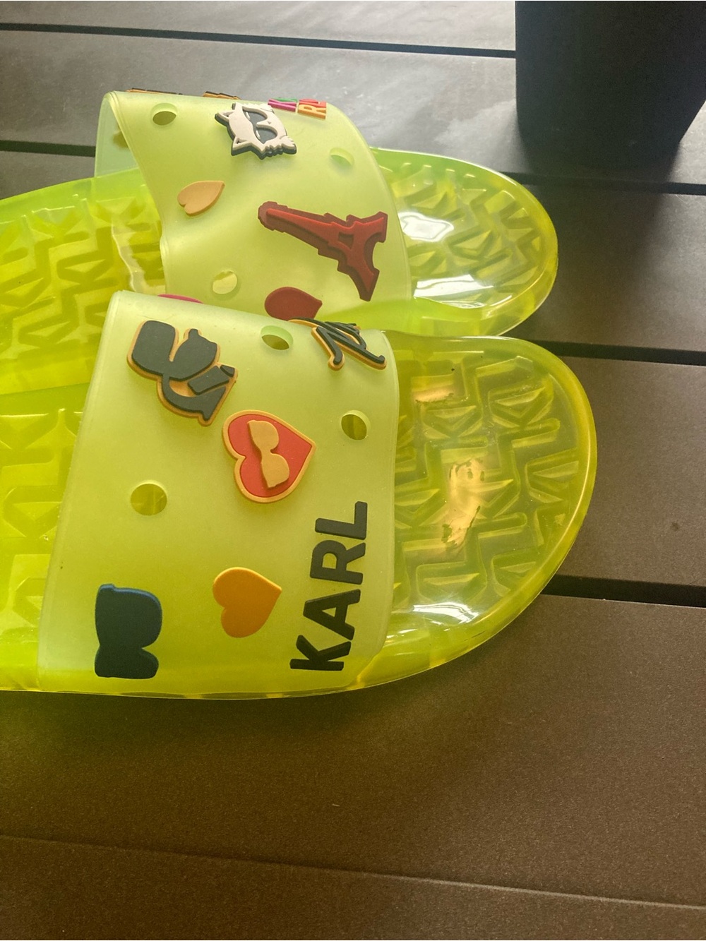 Karl Lagerfeld Neon Yellow Slide Sandals with Fun Charms - Picture 2 of 4